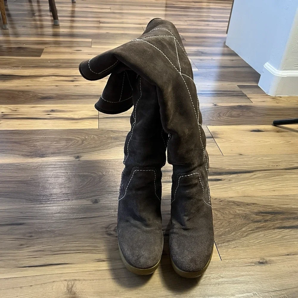 Michael Kors brown Crosby Suede Sherpa Lined Knee High Wedge Boots‎ Womens Sz 10